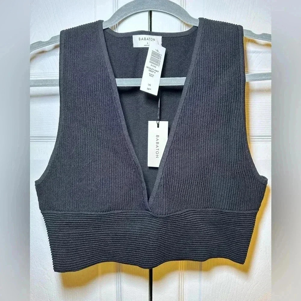 Aritzia Black Noir Babaton Sculpt Knit Tank Deep V - Size L
